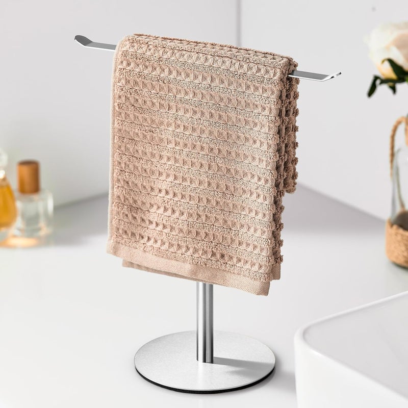 Keepmisc Silver Hand Towel Holder Stand – Countertop T-Shaped Stainless Steel Towel Rack with Non-Slip Base for Vanity and Kitchen - Image 1